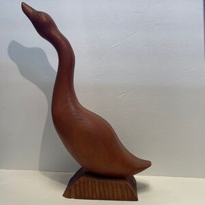 Hand Carved Elegant Brown Wooden Goose Sculpture Vintage Mid Century Modern